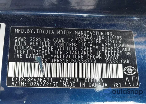 2005 Toyota Corolla Ce из США, поврежденный, VIN 2T1BR32E95C556779